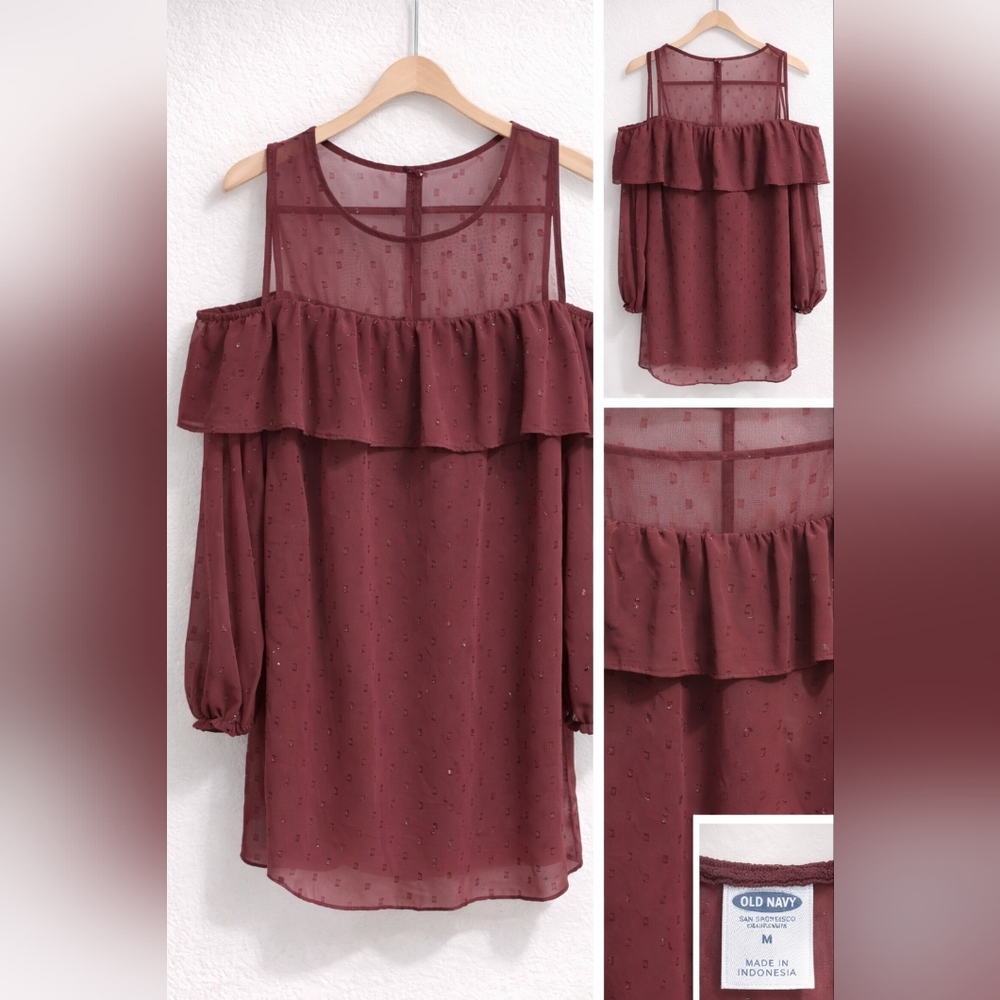 Old Navy Maroon Cold-Shoulder Ruffle Blouse